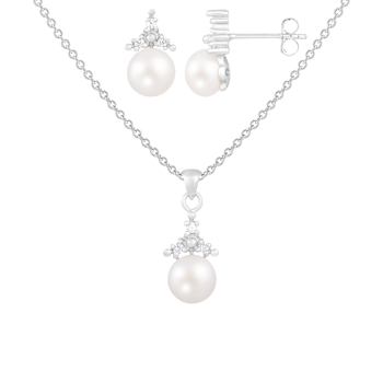 6-7mm Button White Freshwater Pearl and CZ Rhodium Over Sterling Earring
and Pendant W/Chain Set