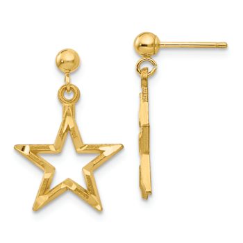 14k Yellow Gold Polished and Diamond-Cut Star Dangle Earrings