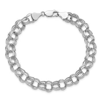 Rhodium Over 14k White Gold 8mm Diamond-Cut Triple Link Charm Bracelet