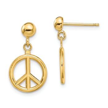 14k Yellow Gold Polished and Textured Peace Symbol Dangle Earrings