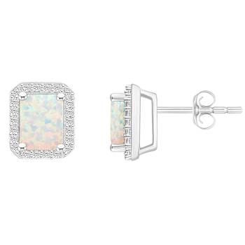 7x5mm Emerald Cut Created Opal And Created White Sapphire 10k White Gold
Halo Stud Earrings
