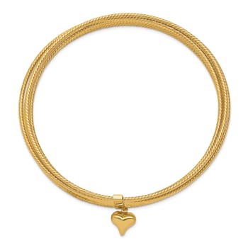 14k Yellow Gold Oversized Slip-on Set of 7 Textured Bangles with Dangle Heart