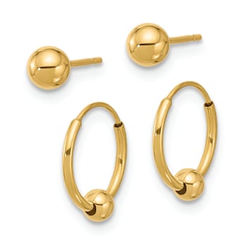 14k Yellow Gold Polished 4.5mm Ball and 1/2" Hoop Earring Set