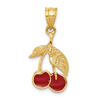 14k Yellow Gold Polished and Textured Red Enameled Cherries Pendant