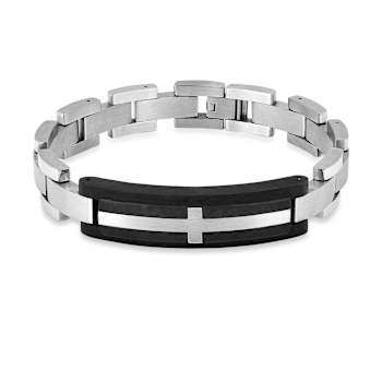 Mens Carbon Fiber and Stainless Steel with Black Leather Accent Cross Bracelet