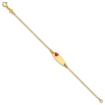 14k Yellow Gold Polished Kids ID with Red Enameled Heart Bracelet