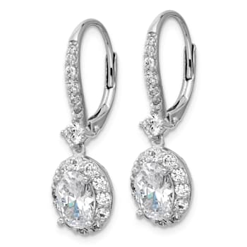 Rhodium Over Sterling Silver Oval Cubic Zirconia Halo Dangle Leverback Earrings