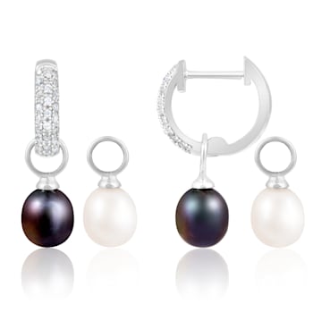 7-8mm White Black Cultured Freshwater Pearl and Cubic Zirconia Rhodium
Over Sterling Silver Earrings