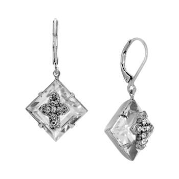 Silver Tone Square Clear Crystal With Cross Leverback Earrings