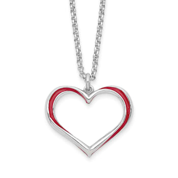 Sterling Silver Rhodium-plated Red Enamel Heart with 1-inch Extension Necklace