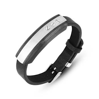 Mens Stainless Steel with Carbon Fiber and Black Leather Bar Bracelet