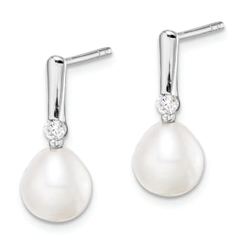 Rhodium Over Sterling Silver 7-8mm Rice Freshwater Cultured Pearl CZ
Dangle Earrings