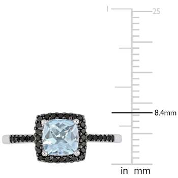 Aquamarine and Black Diamond 10K White Gold Halo Ring 0.99ctw