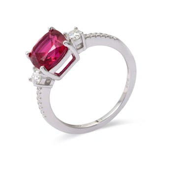 Red Lab Created Ruby Rhodium Over Sterling Silver 3-Stone Ring
