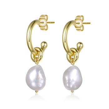 Pear Shape Pearl Simulant Huggie Drop Earrings In 14K Gold Over Brass