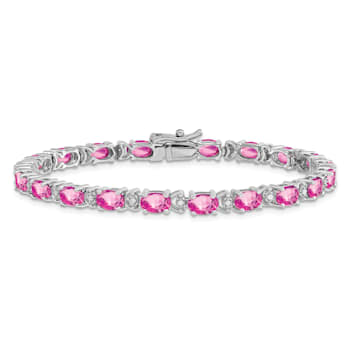 Rhodium Over 14k White Gold Oval Lab Created Pink Sapphire and Diamond Bracelet