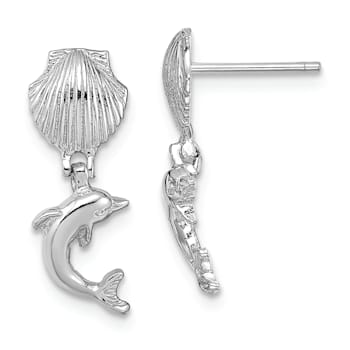 Rhodium Over 14k White Gold Textured Dangling Dolphin From Mini Scallop Earrings