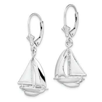 Rhodium Over Sterling Silver Polished Sailboat Leverback Earrings
