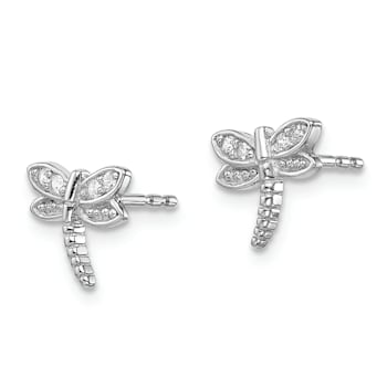 Rhodium Over Sterling Silver Polished Cubic Zirconia Dragonfly Post Earrings