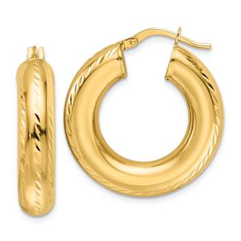 14k Yellow Gold Polished and Diamond-Cut 1 1/16" Round Hoop Earrings