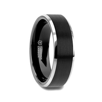 ASTON Black Brushed Center Tungsten Ring with Polished Beveled Edges 6mm