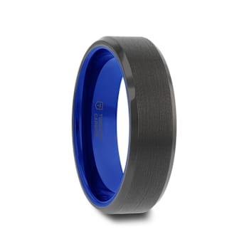 RIGEL Flat Beveled Edges Black Tungsten Ring with Brushed Center and
Vibrant Blue Ceramic Inside 6mm