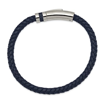 Blue Leather and Stainless Steel Polished 8.25-inch Bracelet