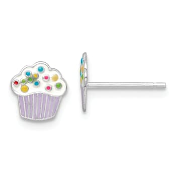 Rhodium Over Sterling Silver Enamel Cupcake Children's Post Earrings