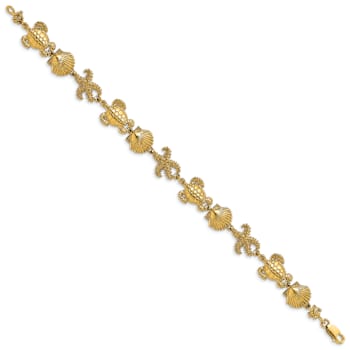 14k Yellow Gold Polished and Textured Turtle, Shell and Starfish Link Bracelet