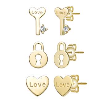 CZ Heart And Key Stud Earrings 3-Piece Set In 14K Gold Over Sterling Silver