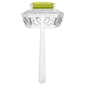 8x6mm Emerald Cut Peridot And White Topaz Accents Rhodium Over Sterling
Silver Double Halo Ring