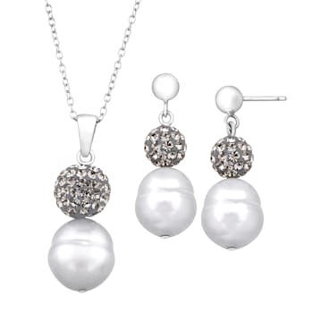 White Freshwater Pearl with White Crystal Accents Sterling Silver
Necklace and Earrings Set