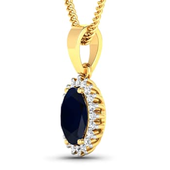 1.30ctw 14K Yellow Gold Blue Sapphire and White Diamond Pendant with 18
inch Cable Chain