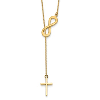 14K Yellow Gold Polished Infinity and Cross Lariat Necklace