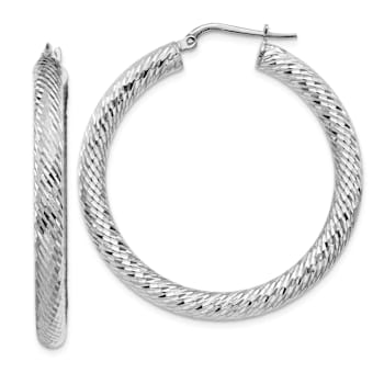 Rhodium Over 14K White Gold 1 5/8" Diamond-Cut Round Hoop Earrings