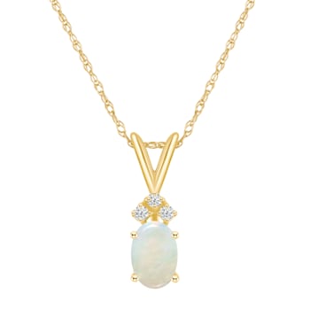 7x5mm Oval Opal with Diamond Accents 14k Yellow Gold Pendant With Chain