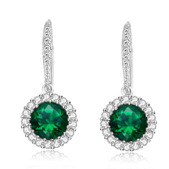 Emerald Color CZ Halo Drop Earrings In Sterling Silver