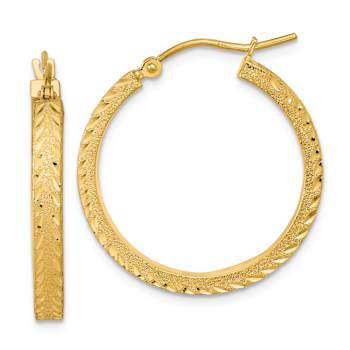 14k Yellow Gold Polished, Satin and Diamond-Cut 1 1/16" Fancy Hoop Earrings
