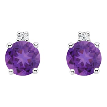 4mm Round Amethyst with Diamond Accents 14k White Gold Stud Earrings
