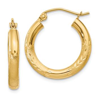 14k Yellow Gold 13/16" Satin and Diamond-Cut Round Hoop Earrings