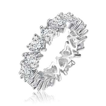 Heart Shape CZ Band Ring In White Rhodium Over Brass