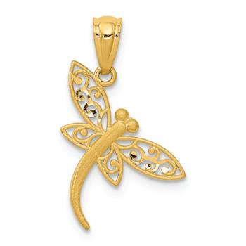 14k Yellow Gold Satin and Diamond-Cut Dragonfly Pendant