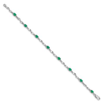 Rhodium Over 10k White Gold Diamond and Green Emerald Bracelet