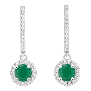 5mm Round Emerald 1/4 ctw Diamond Rhodium Over Sterling Silver Halo
Dangle Earrings