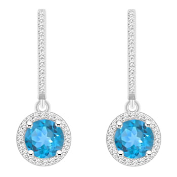 6mm Round Blue Topaz 1/3 ctw Diamond Rhodium Over Sterling Silver Halo
Dangle Earrings