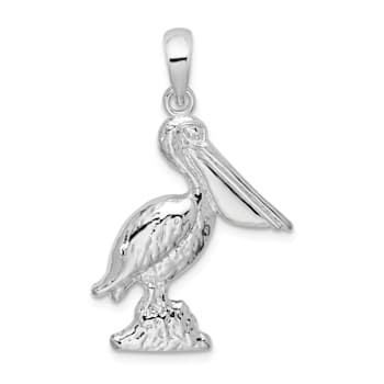 Rhodium Over Sterling Silver Large 3D Standing Pelican Pendant