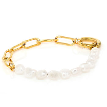Paperclip And Cultured Pearl Strand Bracelet In Gold-Tone 7.5mm