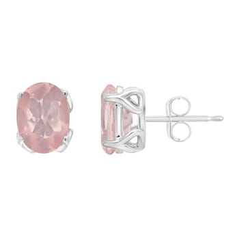8x6mm Oval Rose Quartz Rhodium Over Sterling Silver Stud Earrings