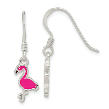 Rhodium Over Sterling Silver Black/Pink Enamel Flamingo Children's
Dangle Earrings