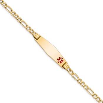 14k Yellow Gold Medical Soft Diamond Shape Red Enamel Figaro Link ID Bracelet